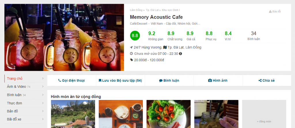 Đánh giá Foody về phòng trà cà phê nhạc Trịnh Memory Đà Lạt