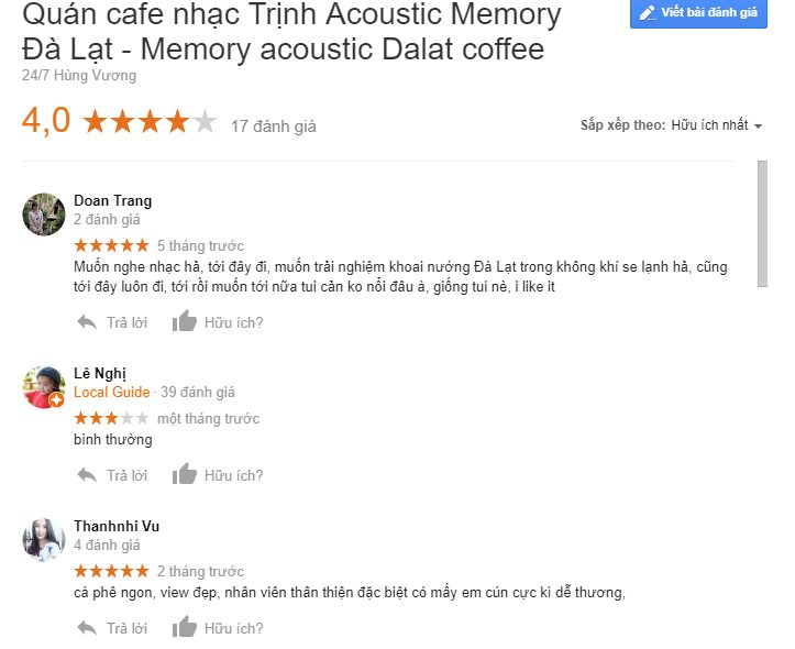 Đánh giá google về phòng trà cà phê nhạc Trịnh Memory Đà Lạt