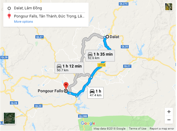 Vị trí đường đi đến thác Pongour